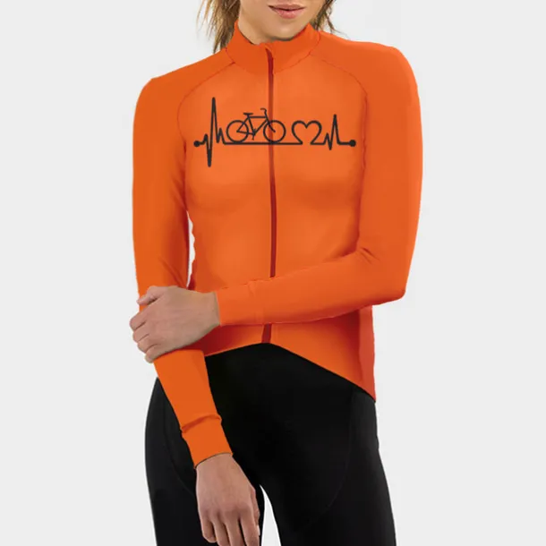 21Grams Racing Cycle Heartbeat Women's Long Sleeve Cycling Jersey Spandex Polyester Green Orange Red Heart Funny Bike Top Mountain Bike MTB Road Breathable Quick Dry Moisture Wicking Sports Clothing