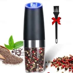 Gravity Electric Pepper Grinder Salt and Pepper Mill & Adjustable Coarseness Battery Powered with LED Light One Hand Automatic Operation