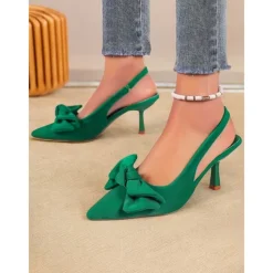 Green Bow Kitten Heel Slingback Shoes – Chic Pointed Toe Date Night & Casual Heels for Women
