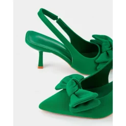 Green Bow Kitten Heel Slingback Shoes – Chic Pointed Toe Date Night & Casual Heels for Women