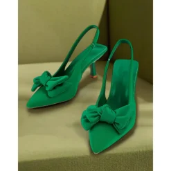 Green Bow Kitten Heel Slingback Shoes – Chic Pointed Toe Date Night & Casual Heels for Women