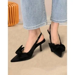 Green Bow Kitten Heel Slingback Shoes – Chic Pointed Toe Date Night & Casual Heels for Women