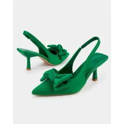 Green Bow Kitten Heel Slingback Shoes – Chic Pointed Toe Date Night & Casual Heels for Women