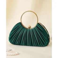 Green Elegant Pleated Velvet Clutch with Gold Ring Handle - Women's Evening Handbag, Perfect for Weddings, Parties and Formal Events