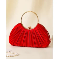 Green Elegant Pleated Velvet Clutch with Gold Ring Handle - Women's Evening Handbag, Perfect for Weddings, Parties and Formal Events