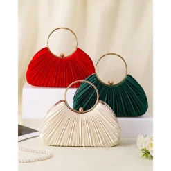 Green Elegant Pleated Velvet Clutch with Gold Ring Handle - Women's Evening Handbag, Perfect for Weddings, Parties and Formal Events