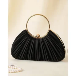 Green Elegant Pleated Velvet Clutch with Gold Ring Handle - Women's Evening Handbag, Perfect for Weddings, Parties and Formal Events