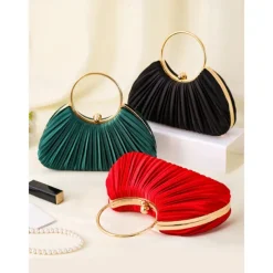 Green Elegant Pleated Velvet Clutch with Gold Ring Handle - Women's Evening Handbag, Perfect for Weddings, Parties and Formal Events