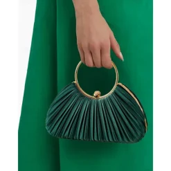 Green Elegant Pleated Velvet Clutch with Gold Ring Handle - Women's Evening Handbag, Perfect for Weddings, Parties and Formal Events