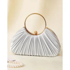 Green Elegant Pleated Velvet Clutch with Gold Ring Handle - Women's Evening Handbag, Perfect for Weddings, Parties and Formal Events