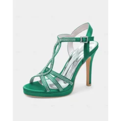Green Rhinestone High Heel Strappy Sandals for Women's Cocktail Parties and Evening Occasions and Wedding
