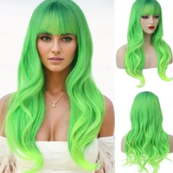 Green Wig Long Wavy Green Wig with Bangs Lime Green Wig for Women Long Ombre Green Wig Cosplay Wig Heat Resistant Synthetic Wig For Carvinal