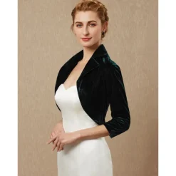 Green Women's Bolero Shrug Velvet Coats / Jackets Elegant Keep Warm 3/4 Length Sleeve Velvet Wedding Guest Wraps With Pure Color For Wedding Fall & Winter dress to impress