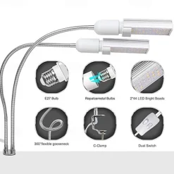 Grow Light for Indoor Plants LED Plant Growing Light LED Plant Grow Light Sunlike Full Spectrum 45W E27 Dual Head Flexible Gooseneck for Greenhouse flower Phyto lamp