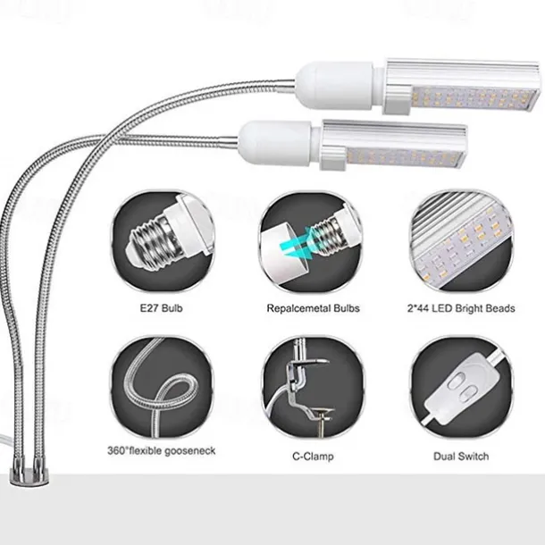 Grow Light for Indoor Plants LED Plant Growing Light LED Plant Grow Light Sunlike Full Spectrum 45W E27 Dual Head Flexible Gooseneck for Greenhouse flower Phyto lamp