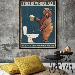 Grumpy Bear Drinking Beer Prints Poster Abstract Wall Art Canvas Modern Canvas Painting Print Picture Bathroom Toilet Nordic Home Decor Frameless