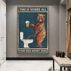 Grumpy Bear Drinking Beer Prints Poster Abstract Wall Art Canvas Modern Canvas Painting Print Picture Bathroom Toilet Nordic Home Decor Frameless