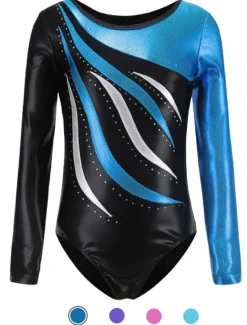 Gymnastics Leotards Women's Girls' Bodysuit Leotard Spandex High Elasticity Breathable Handmade Sparkly Long Sleeve Training Competition Dance Rhythmic Gymnastics Artistic Gymnastics Blue Sky Blue