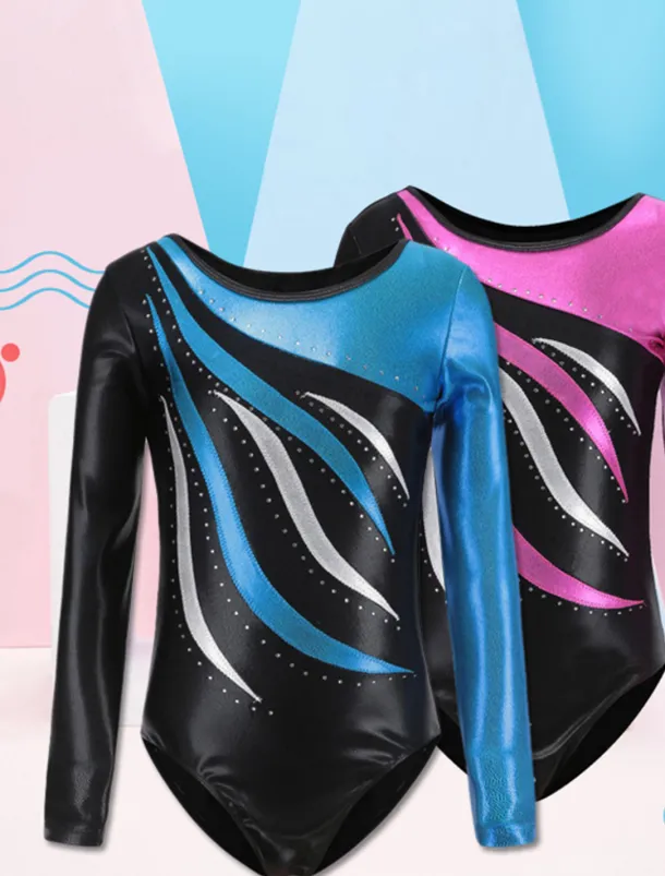 Gymnastics Leotards Women's Girls' Bodysuit Leotard Spandex High Elasticity Breathable Handmade Sparkly Long Sleeve Training Competition Dance Rhythmic Gymnastics Artistic Gymnastics Blue Sky Blue
