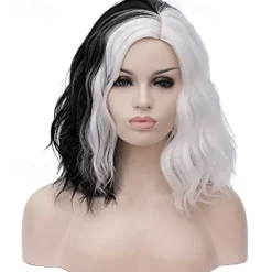 Half White and Half Black Wigs Cruella Deville Wig Split Color Synthetic Hair Wig Shoulder Length Wig Halloween Wigs