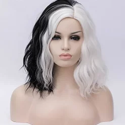 Half White and Half Black Wigs Cruella Deville Wig Split Color Synthetic Hair Wig Shoulder Length Wig Halloween Wigs