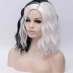 Half White and Half Black Wigs Cruella Deville Wig Split Color Synthetic Hair Wig Shoulder Length Wig Halloween Wigs