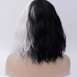Half White and Half Black Wigs Cruella Deville Wig Split Color Synthetic Hair Wig Shoulder Length Wig Halloween Wigs