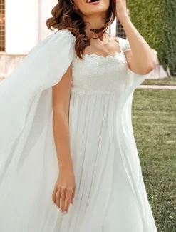 Hall Casual Wedding Dresses A-Line Square Neck Sleeveless Sweep / Brush Train Chiffon Bridal Gowns With Pleats Appliques