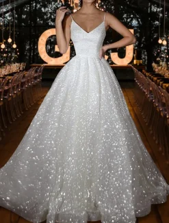 Hall Sparkle & Shine Casual Wedding Dresses A-Line Camisole V Neck Spaghetti Strap Sweep / Brush Train Sequined Bridal Gowns With Solid Color