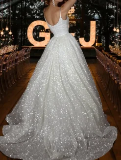 Hall Sparkle & Shine Casual Wedding Dresses A-Line Camisole V Neck Spaghetti Strap Sweep / Brush Train Sequined Bridal Gowns With Solid Color