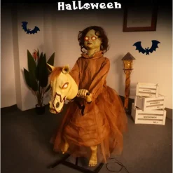 Halloween Automaton - Cursed Girl on Animated Rocking Horse - 105cm - Animatronics - Mains Powered - Quick and Easy Assembly