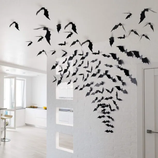Halloween Black Bat PVC 3D Wall Halloween Bat Sticker Wall Decoration Scene Layout Horror Sticker Halloween Party Decoration Indoor and Outdoor Home Window Decoration Party Supplies