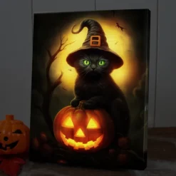 Halloween Black Cat Witch with Pumpkin LED Canvas Wall Art - Battery Operated Lighted Wall Decor for 2025 Halloween home decoration light livingroom and bedroom