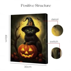 Halloween Black Cat Witch with Pumpkin LED Canvas Wall Art - Battery Operated Lighted Wall Decor for 2025 Halloween home decoration light livingroom and bedroom