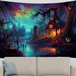 Halloween Blacklight Tapestry UV Reactive Glow in the Dark Forest Trippy Mountain Misty Graveyard Ghost Hanging Tapestry Wall Art Mural for Living Room Bedroom