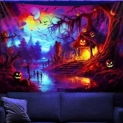 Halloween Blacklight Tapestry UV Reactive Glow in the Dark Forest Trippy Mountain Misty Graveyard Ghost Hanging Tapestry Wall Art Mural for Living Room Bedroom