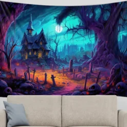 Halloween Blacklight Tapestry UV Reactive Glow in the Dark Forest Trippy Mountain Misty Graveyard Ghost Hanging Tapestry Wall Art Mural for Living Room Bedroom