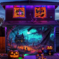 Halloween Blacklight Tapestry UV Reactive Glow in the Dark Forest Trippy Mountain Misty Graveyard Ghost Hanging Tapestry Wall Art Mural for Living Room Bedroom