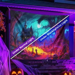 Halloween Blacklight Tapestry UV Reactive Glow in the Dark Forest Trippy Mountain Misty Graveyard Ghost Hanging Tapestry Wall Art Mural for Living Room Bedroom