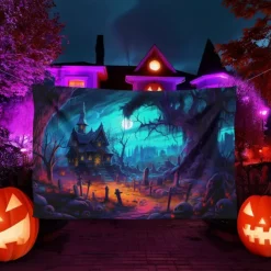 Halloween Blacklight Tapestry UV Reactive Glow in the Dark Forest Trippy Mountain Misty Graveyard Ghost Hanging Tapestry Wall Art Mural for Living Room Bedroom