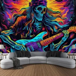 Halloween Blacklight Wall Tapestry – UV Reactive Zombie Musicians with Jack-o'-Lanterns, Neon Colors Scene, Glow in the Dark Horror Backdrop for 2025 Halloween Party Decoration