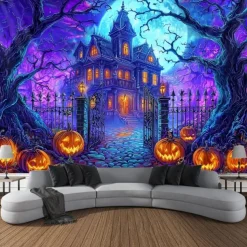 Halloween Blacklight Wall Tapestry – UV Reactive Haunted House with Glowing Skull, Neon Colors Spooky Graveyard Scene, Glow in the Dark Gothic Wall Hanging for 2025 Halloween Decoration