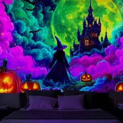 Halloween Blacklight Wall Tapestry – UV Reactive Glowing Moon over Haunted Forest Neon Colors Spooky Night Scene, Glow in the Dark Gothic Wall Hanging for 2025 Halloween Home and Party Decoration