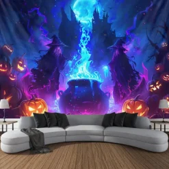 Halloween Blacklight Wall Tapestry – UV Reactive Glowing Moon over Haunted Forest Neon Colors Spooky Night Scene, Glow in the Dark Gothic Wall Hanging for 2025 Halloween Home and Party Decoration