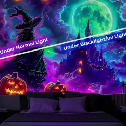 Halloween Blacklight Wall Tapestry – UV Reactive Glowing Moon over Haunted Forest Neon Colors Spooky Night Scene, Glow in the Dark Gothic Wall Hanging for 2025 Halloween Home and Party Decoration