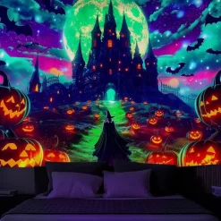 Halloween Blacklight Wall Tapestry – UV Reactive Glowing Moon over Haunted Forest Neon Colors Spooky Night Scene, Glow in the Dark Gothic Wall Hanging for 2025 Halloween Home and Party Decoration