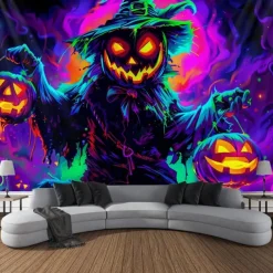 Halloween Blacklight Wall Tapestry – UV Reactive Evil Pumpkin with Glowing Jack-o'-Lantern, Neon Colors Spooky Field Scene, Glow in the Dark Horror Backdrop for 2025 Halloween Party Decoration