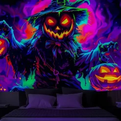 Halloween Blacklight Wall Tapestry – UV Reactive Evil Pumpkin with Glowing Jack-o'-Lantern, Neon Colors Spooky Field Scene, Glow in the Dark Horror Backdrop for 2025 Halloween Party Decoration