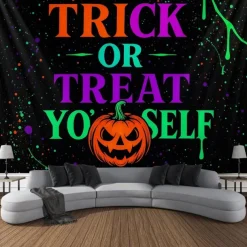 Halloween Blacklight Wall Tapestry – UV Reactive Witch , 'Ghouls Just Wanna Have Fun' Quote, Neon Colors Spooky Scene, Glow in the Dark Gothic Wall Hanging for 2025 Halloween Decoration