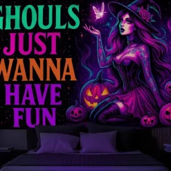 Halloween Blacklight Wall Tapestry – UV Reactive Witch , 'Ghouls Just Wanna Have Fun' Quote, Neon Colors Spooky Scene, Glow in the Dark Gothic Wall Hanging for 2025 Halloween Decoration